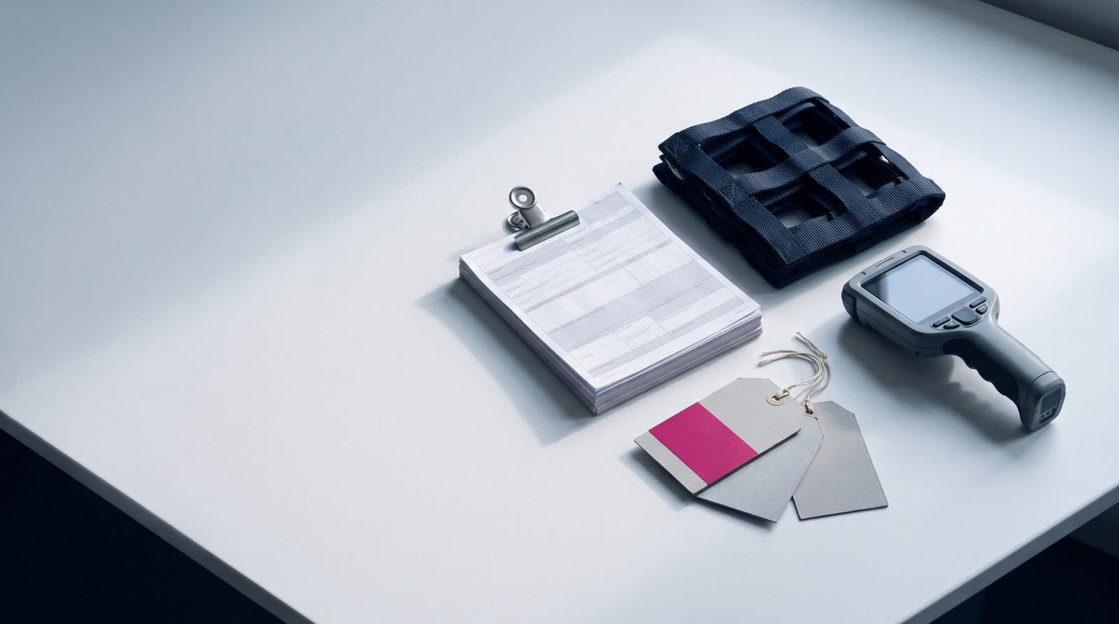 Overhead still life: a clipped stack of air waybills, folded ULD netting, a handheld scanner and piece tags on a light desk.