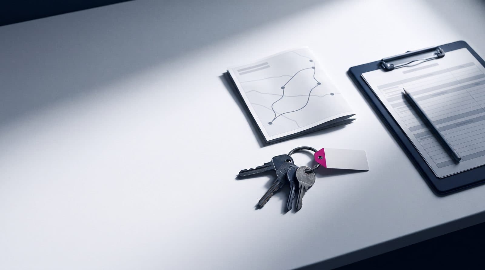 Overhead still life: truck keys with a tag, a route sheet linking delivery stops and a clipboard with delivery window sheets.