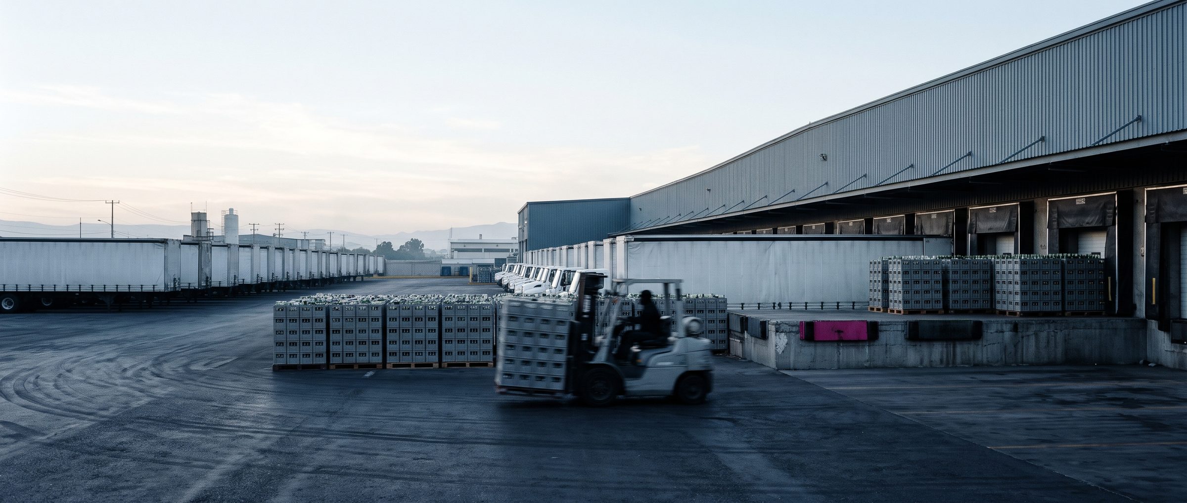 Patio de andenes de una embotelladora al amanecer, con tarimas de cajas retornables y un montacargas cruzando.
