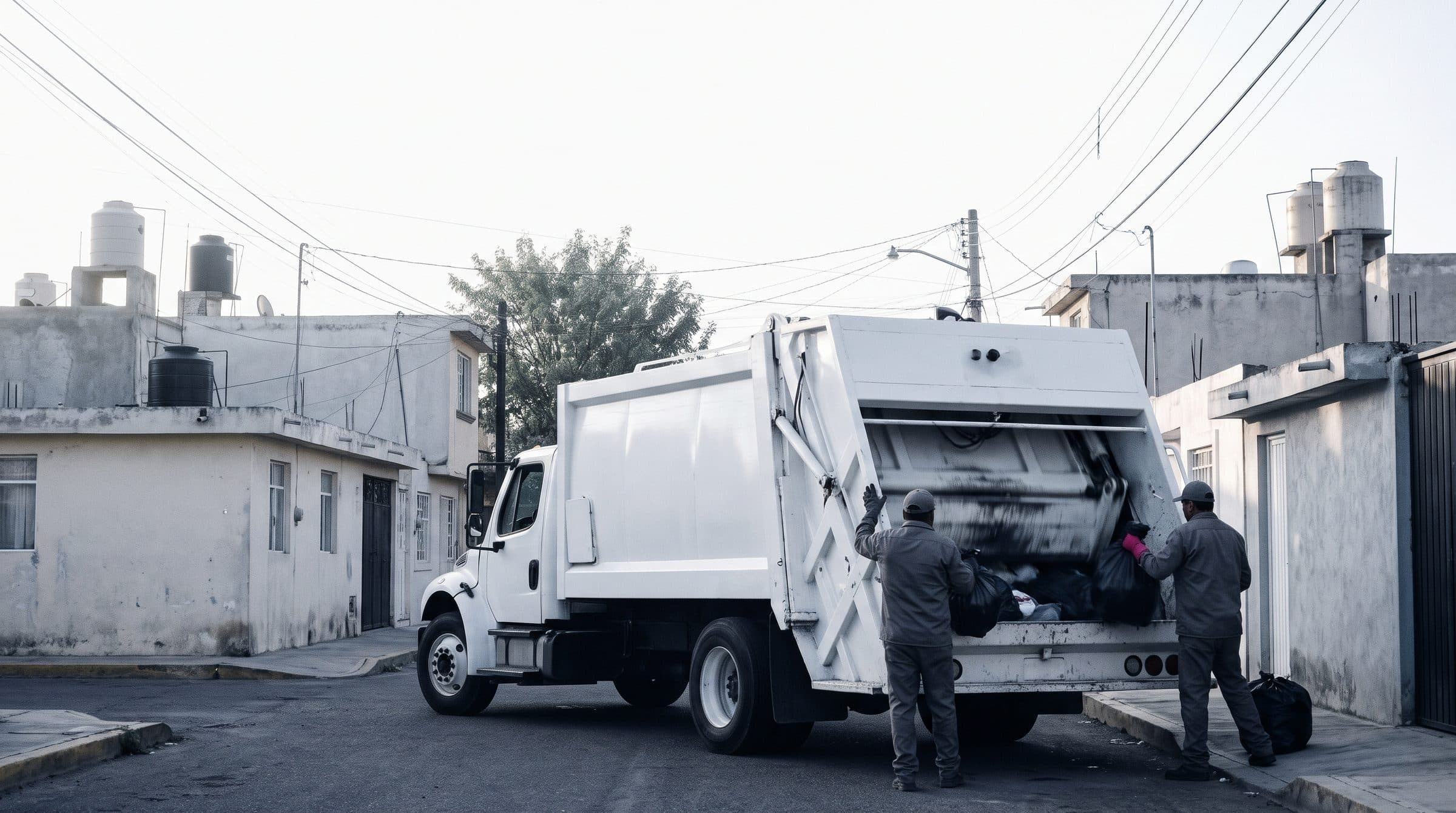 Dos trabajadores de recolección cargan bolsas en un camión compactador en una calle residencial de una ciudad mexicana.