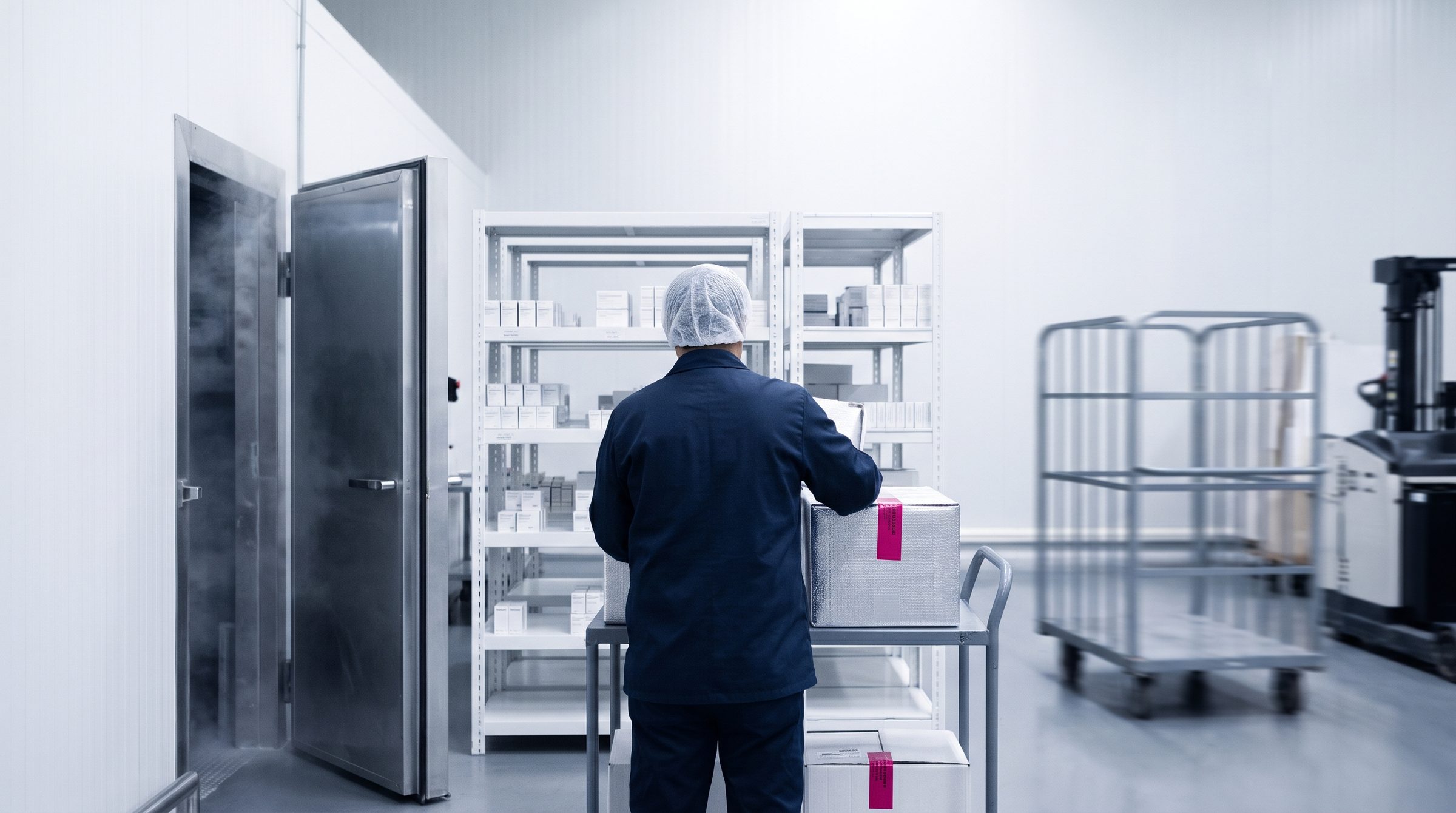Operario de espaldas prepara cajas térmicas selladas junto a la puerta abierta de una cámara fría farmacéutica.