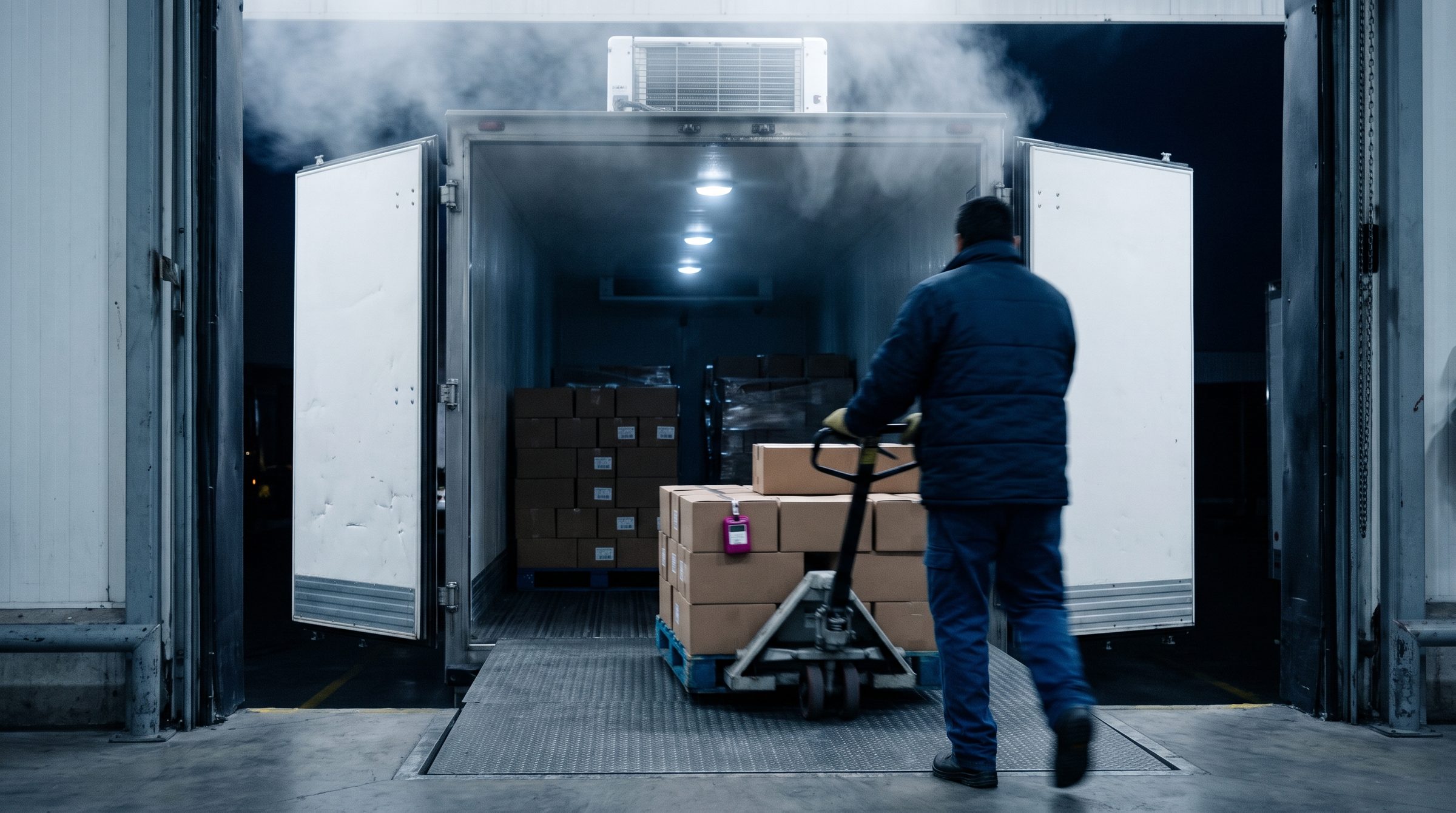 Un operario de espaldas lleva un palet con transpaleta hacia una caja refrigerada abierta que despide vapor de frío.