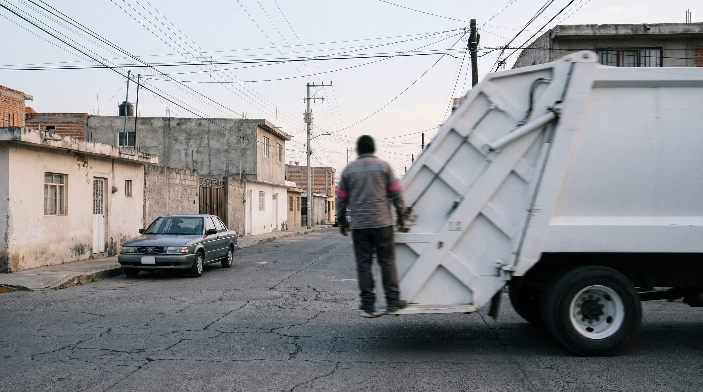 Un camión recolector avanza por una calle de barrio en una ciudad mexicana con un trabajador en el estribo trasero.