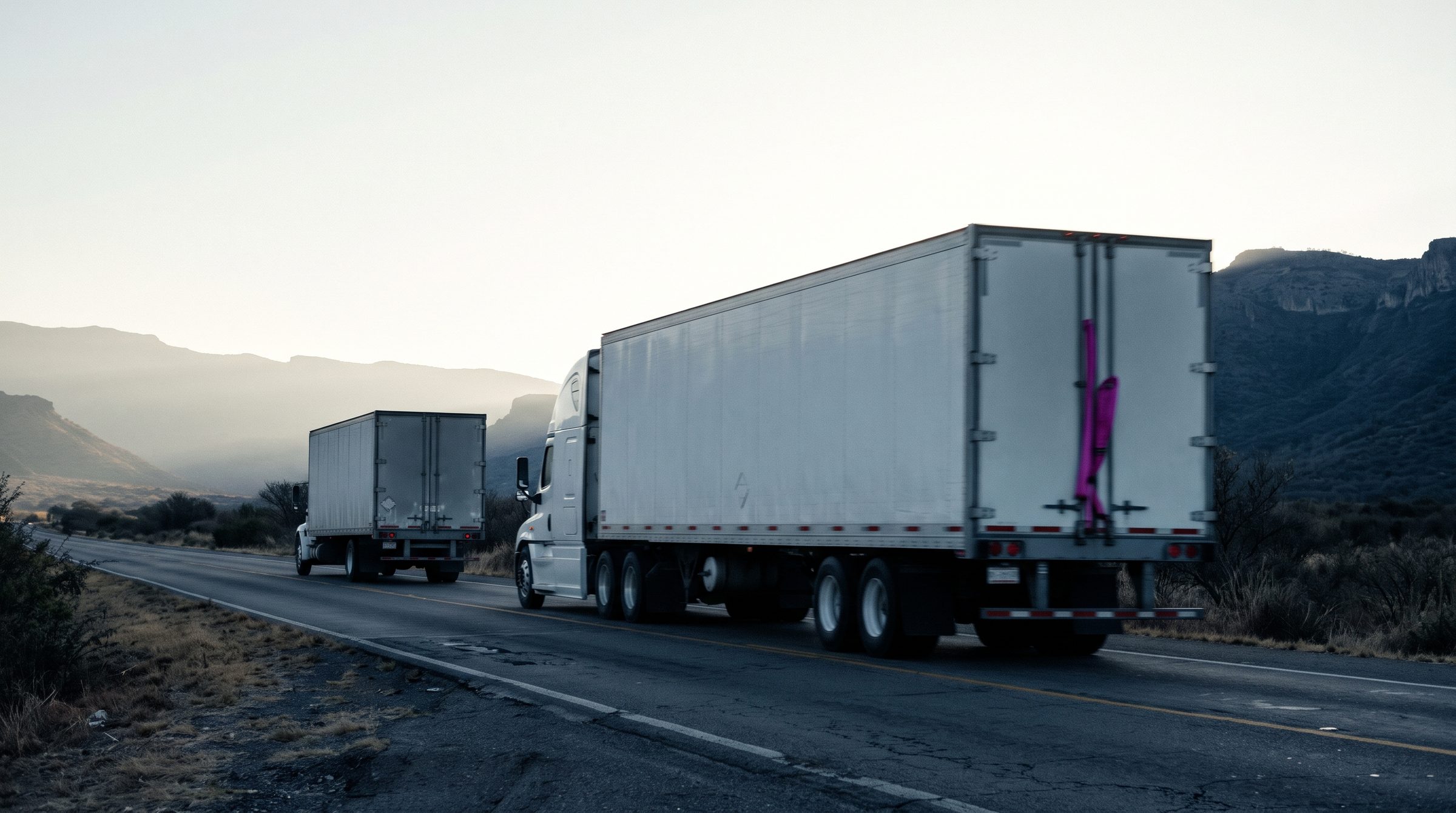 Un tractocamión y un camión de caja circulan por una carretera en zona semidesértica al amanecer.
