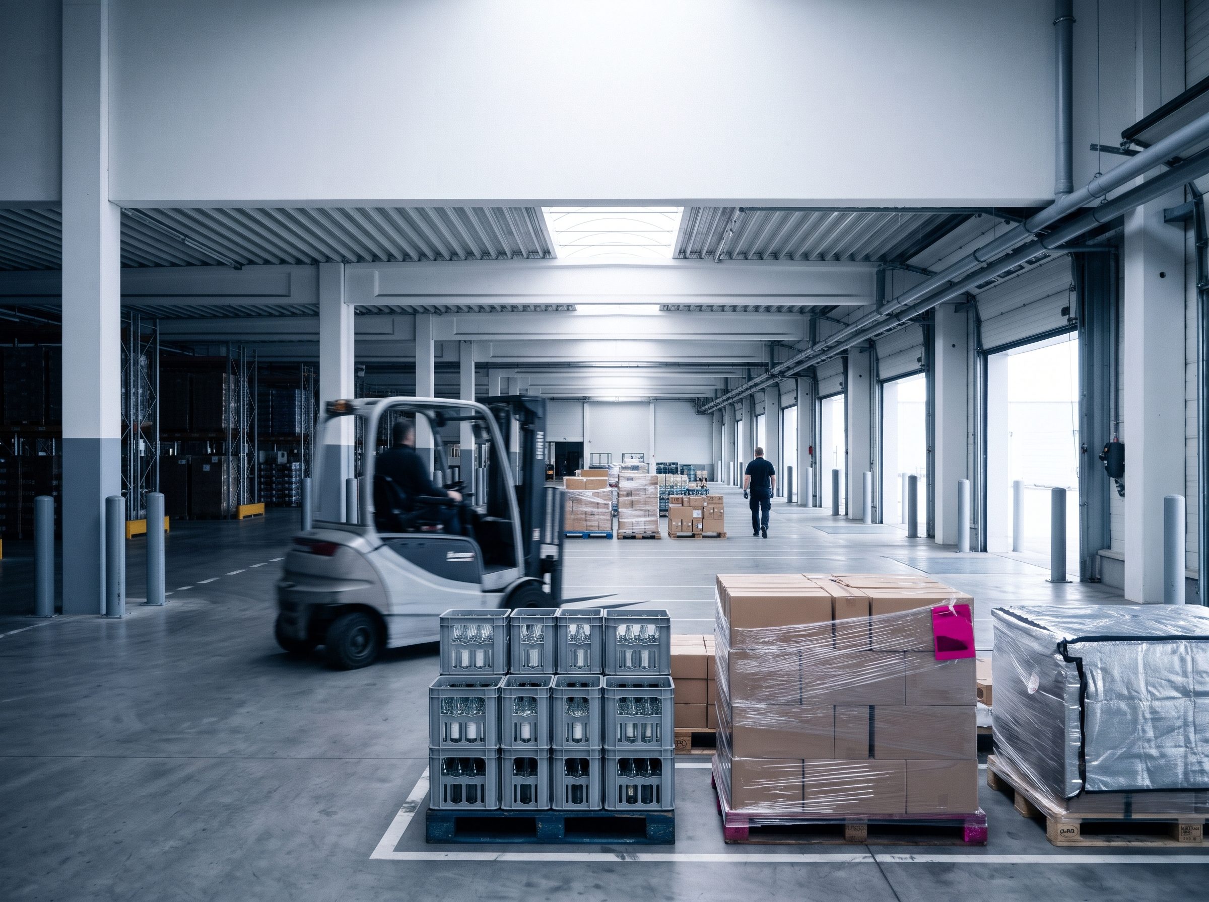 Nave de cross-dock con cargas de distintas industrias en el piso: cajas retornables de vidrio, cartón emplayado y un palet refrigerado cubierto.