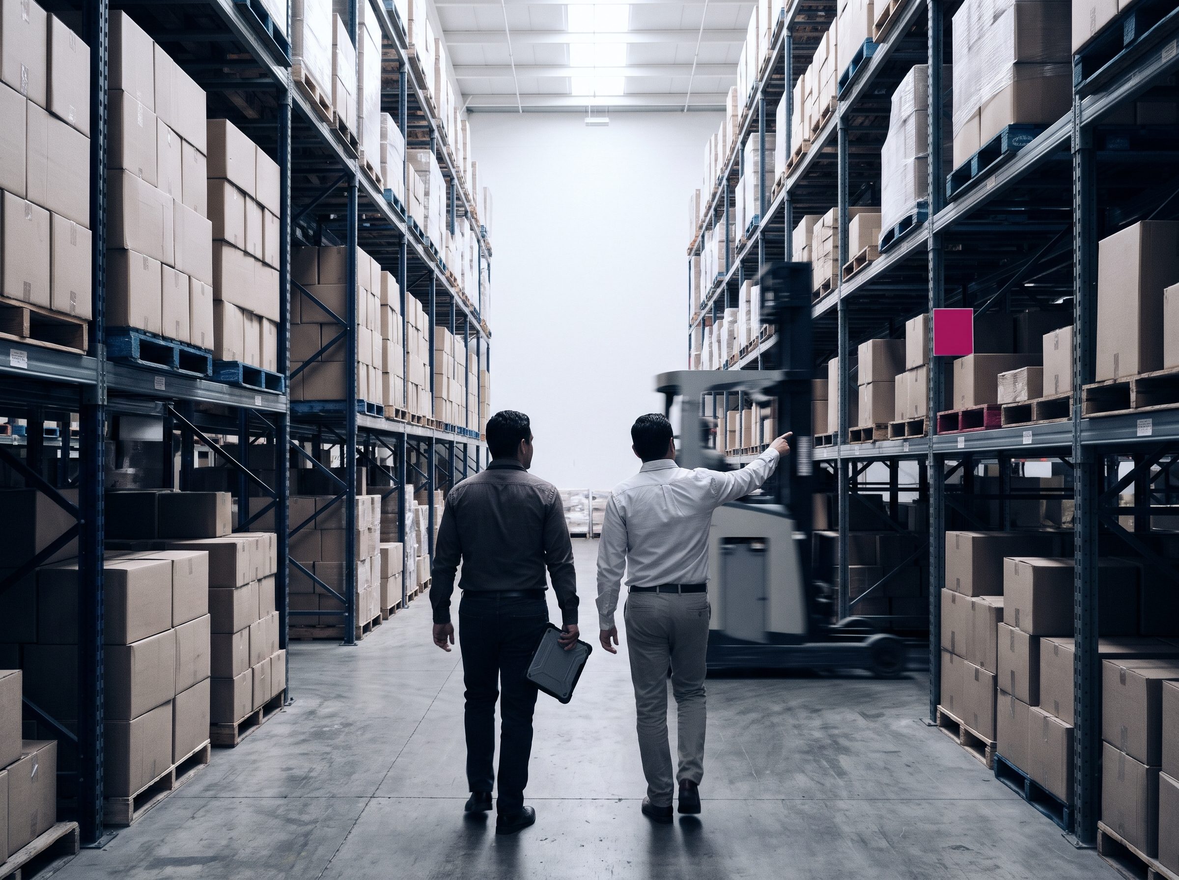 Dos personas de espaldas recorren un pasillo de racks durante una implementación; una lleva una tableta y la otra señala una ubicación.