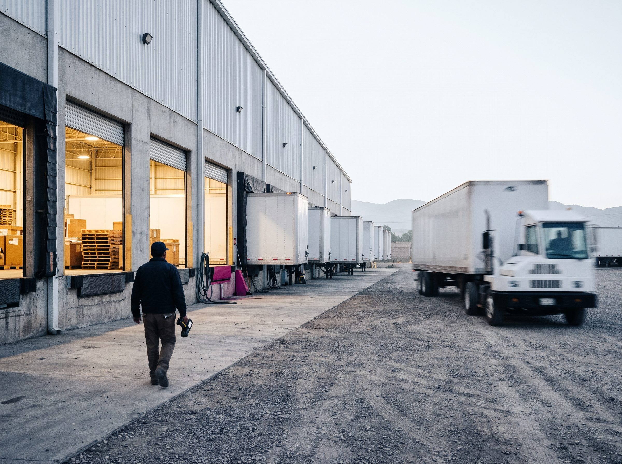Andén de un centro de distribución al amanecer, con remolques en las puertas, un operario de espaldas con escáner y un tractor de patio en movimiento.