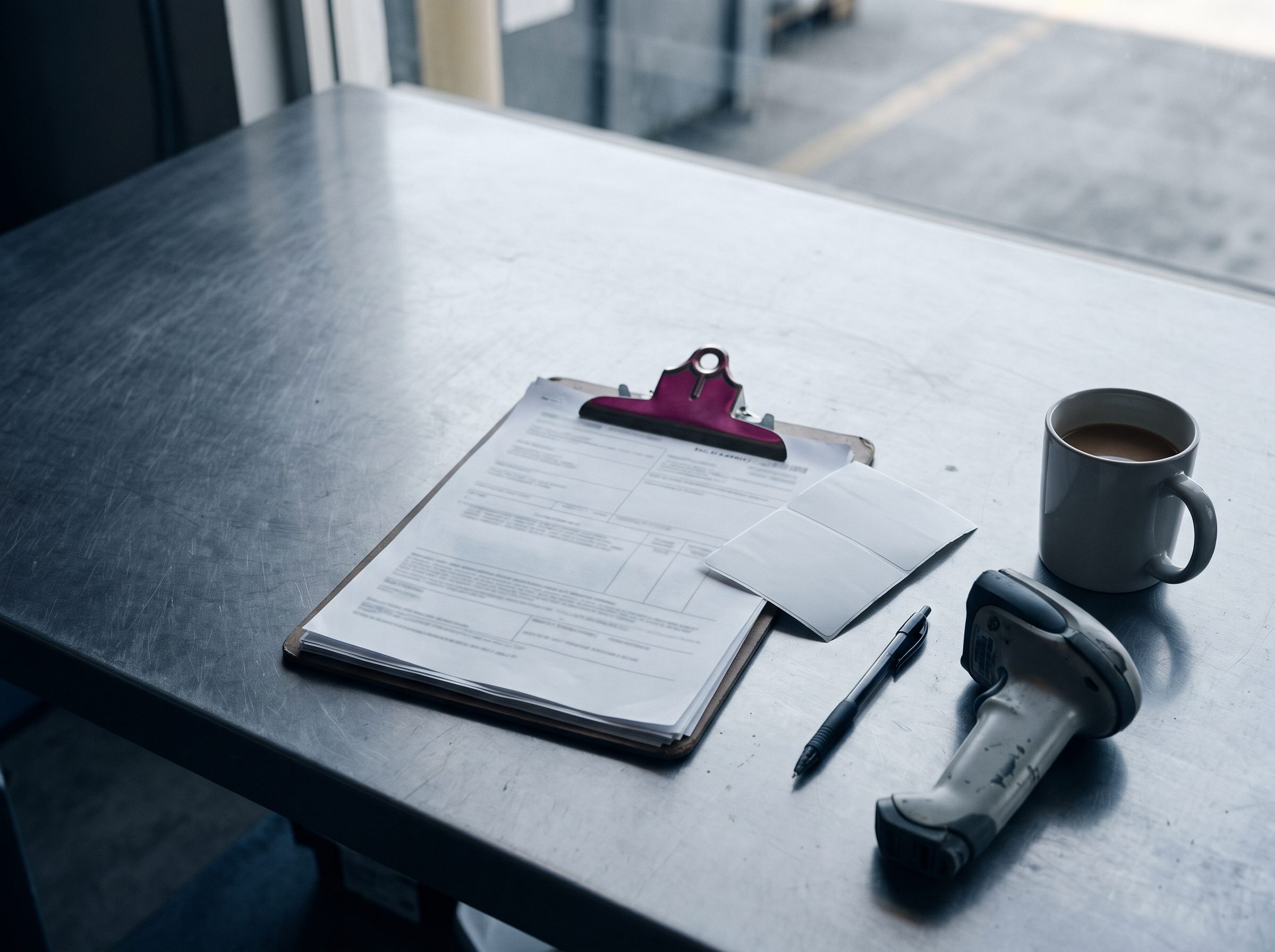 Portapapeles con documentos de embarque, etiquetas en blanco, un lector y un café sobre una mesa de acero en la oficina del andén.